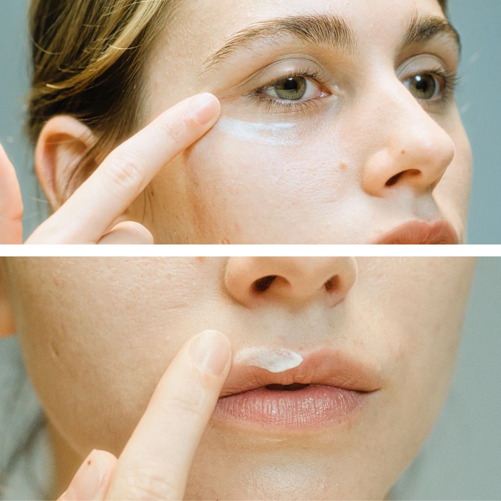 Femme qui applique soin crème sur le contour yeux et lèvres