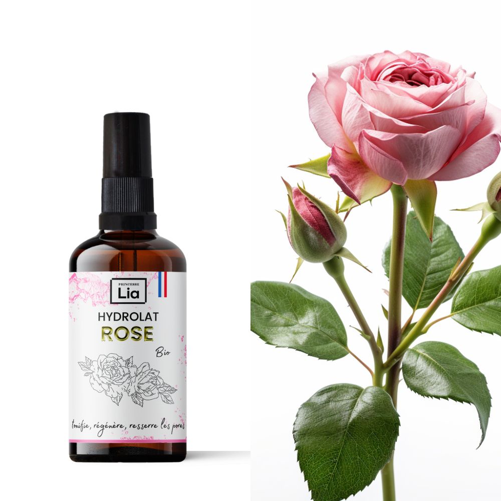 photo flacon verre spray ambré 100ml eau de rose princesse lia et fleur de rose