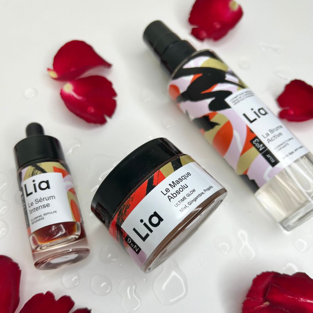 Trio gramme éclat Princesse Lia avec une brume active éclat, un sérum intense et un masque absolu au miel gingembre propolis